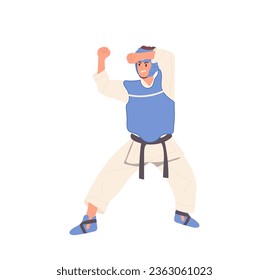 Karate man cartoon character wearing kimono and protective equipment standing in defense position