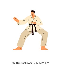 Karate hombre luchador en kimono y cinturón negro Vector ilustración plana. Entrenamiento de arte marcial asiático, luchador japonés en acción aislado en blanco. Posada de karate, habilidades de defensa personal