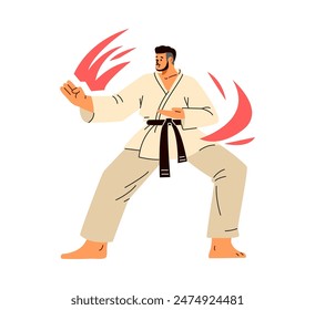 Karate man fighter in kimono and black belt vector flat illustration. Asian martial art training practice. Aikido pose, man self defense skills. Japanese wrestler in action isolated on white