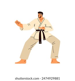 Karate hombre luchador en kimono y cinturón negro Vector ilustración plana. Entrenamiento de arte marcial asiático, luchador japonés en acción aislado en blanco. pose de karate, habilidades de defensa personal.