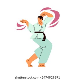 Karate hombre luchador en kimono y cinturón negro con líneas de movimiento Vector ilustración plana. Entrenamiento de arte marcial asiático, luchador japonés en acción aislado en blanco. Postura de karate