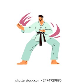 Karate hombre luchador en kimono y cinturón negro Vector ilustración plana. Entrenamiento de arte marcial asiático, luchador japonés en acción. Postura de karate con líneas de movimiento aisladas en blanco