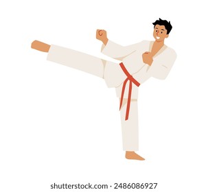 Karate man fighter in kimono and red belt vector flat illustration. Asian martial art training practice, kicking attack techniques. Aikido pose, defense skills combat sport. Japanese wrestler isolated