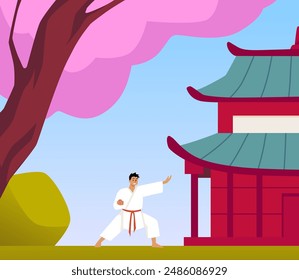 Karate hombre luchador en kimono y cinturón rojo en Japón paisaje Vector ilustración plana. Entrenamiento de arte marcial asiático al aire libre, técnicas de ataque. Posada de Aikido, luchador japonés, deporte de combate