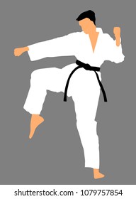 Karate man fighter in kimono vector. Japan traditional martial art. Boy self defense presentation. In healthy body healthy mind. Protect yourself against aggressor. Sport Olympic discipline.