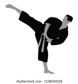 Karate man fighter in kimono, vector silhouette illustration. Black belt category. Karate man vector silhouette.
