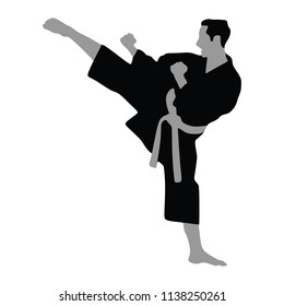 Karate man fighter in kimono, vector silhouette illustration. Black belt category. Karate man vector silhouette.