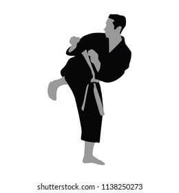 Karate man fighter in kimono, vector silhouette illustration. Black belt category. Karate man vector silhouette.