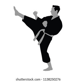 Karate man fighter in kimono, vector silhouette illustration. Black belt category. Karate man vector silhouette.