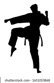 Karate man fighter in kimono vector silhouette. Japan traditional martial art. Boy self defense presentation. In healthy body healthy mind. Protect yourself against aggressor. Sport Olympic discipline