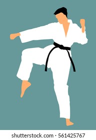 Karate man fighter in kimono vector. Japan traditional martial art. Boy self defense presentation. In healthy body healthy mind. Protect yourself against aggressor. Sport Olympic discipline.