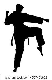 Karate man fighter in kimono vector silhouette. Japan traditional martial art. Boy self defense presentation. In healthy body healthy mind. Protect yourself against aggressor. Sport Olympic discipline