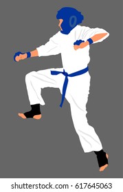 Karate man fighter in kimono, vector illustration. Blue belt category. Japan traditional martial art. Self-defense presentation. In healthy body healthy mind.