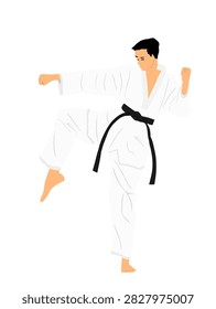 Karate man fighter vector illustration isolated. Japan traditional martial art sport discipline. Boy self defense skills. In healthy body healthy mind. Protect yourself against aggressor. Judo warrior