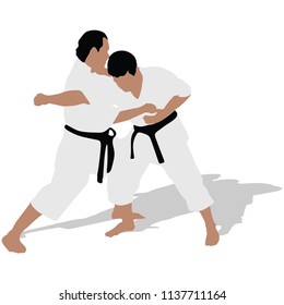 Karate man fighters in kimono, vector silhouette illustration. Judo fighters battle silhouette. Japan traditional martial art. Self-defense presentation. In healthy body healthy mind.