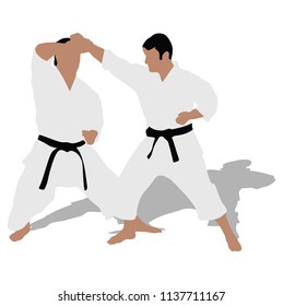 Karate man fighters in kimono, vector silhouette illustration. Judo fighters battle silhouette. Japan traditional martial art. Self-defense presentation. In healthy body healthy mind.