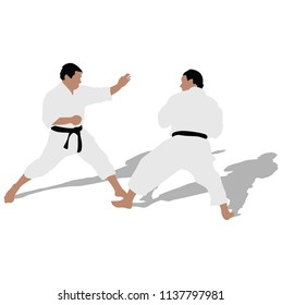 Karate man fighters in kimono, vector silhouette illustration. Judo fighters battle silhouette. Japan traditional martial art. Self-defense presentation. In healthy body healthy mind.