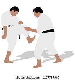 Karate man fighters in kimono, vector silhouette illustration. Judo fighters battle silhouette. Japan traditional martial art. Self-defense presentation. In healthy body healthy mind.
