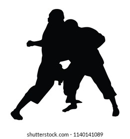 Karate man fighters in kimono, vector silhouette illustration. Judo fighters battle silhouette. Japan traditional martial art. Self-defense presentation. In healthy body healthy mind.