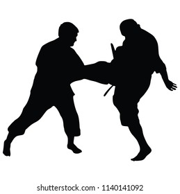 Karate man fighters in kimono, vector silhouette illustration. Judo fighters battle silhouette. Japan traditional martial art. Self-defense presentation. In healthy body healthy mind.