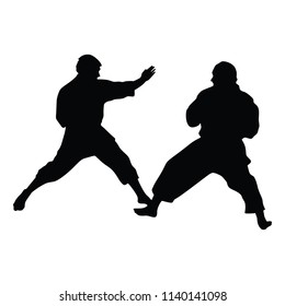 Karate man fighters in kimono, vector silhouette illustration. Judo fighters battle silhouette. Japan traditional martial art. Self-defense presentation. In healthy body healthy mind.