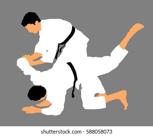 Karate man fighters in kimono, vector illustration. Judo fighters battle. Japan traditional martial art. Self-defense presentation. In healthy body healthy mind.