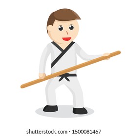 Karate man holding stick to combat