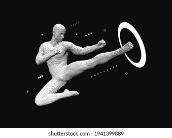 Karate man trains a kick in the jump to the side on the simulator. Asian martial arts. Emblem for sport training. Vector illustration for banner, flyer, poster, cover or brochure. 