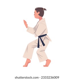 Karate Man Wearing Kimono and Black Belt Practicing Martial Art Vector Illustration