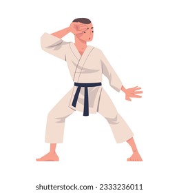 Karate Man Wearing Kimono and Black Belt Practicing Martial Art Vector Illustration