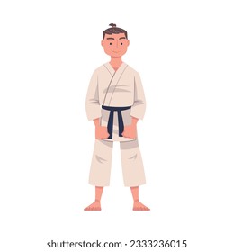Karate Man Wearing Kimono and Black Belt Practicing Martial Art Standing and Smiling Vector Illustration