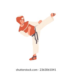 Karate man wearing protective equipment and kimono practicing traditional martial art technique