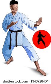 a karate man in a white kimono with a black belt performs kata