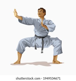 Karate man white kimono with black belt standing and practicing in the ring, champion of the world. Karate training concept vector illustration. Kungfu, Ninja, Fighter