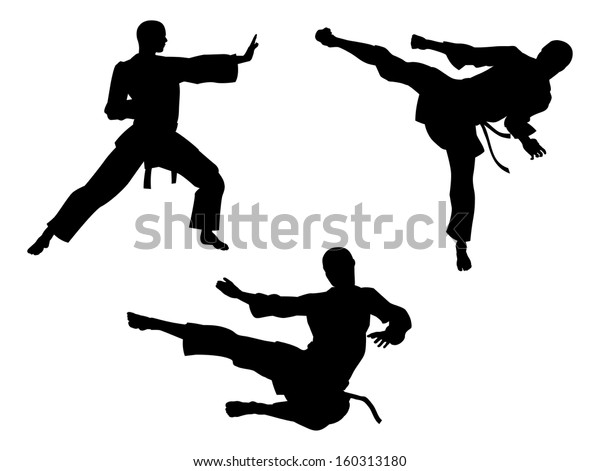 高蹴りや飛び蹴りなど 様々な空手や武道のポーズの男性が 空手武術に影響を受ける のベクター画像素材 ロイヤリティフリー