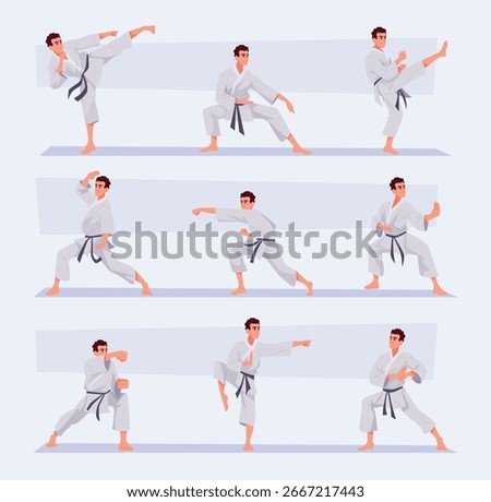 Karate. Martial arts characters in fighting poses exact vector karate fighters