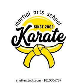 Karate Martial Arts School Banner or Label with Kimono Belt and Typography Isolated on White Background. Emblem for Fighting Club, Combat Classes Graphic Design Element. Vector Illustration, Icon