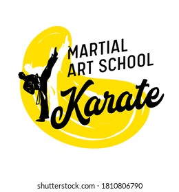 Karate Martial Arts School Banner or Label with Fighter in Kimono with Raised Leg and Typography Isolated on White Background. Fighting Club Combat Classes Emblem or Element. Vector Illustration, Icon