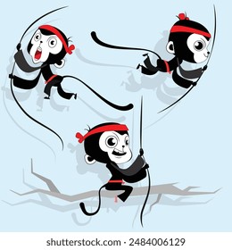 karate Monkey Character poses design Black and white Vector.