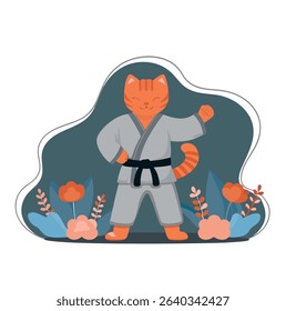 Karate orange cat and flowers vector illustration