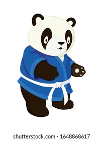 Karate panda in a blue kimono. Cartoon style isolated image on white background. Kawaii clip art for children. Sport education for kids symbol. Simple panda bear icon or logo design