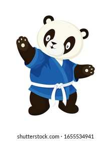 Karate panda in a blue kimono. Cartoon style isolated image on white background. Kawaii clip art for children. Sport education for kids symbol. Simple panda bear icon or logo design