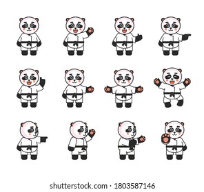 Karate panda mascots showing various hand gestures set. Karate panda greeting, pointing, showing thumb up, stop hand and other gestures. Vector illustration bundle