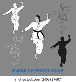 KARATE POSITIONS - Karate girl. Karate vector silhouettes. Karate martial arts.