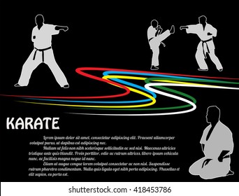 Karate poster background with fighters silhouettes on black, vector illustration
