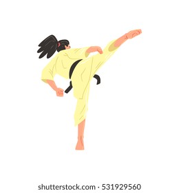 Karate Professional Fighter In Kimono With Black Doing Leg Sidekick Belt. Cool Cartoon Character