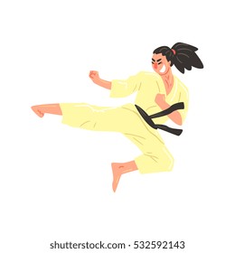 Karate Professional Fighter In Kimono With Black Belt Kicking While Jumping Cool Cartoon Character