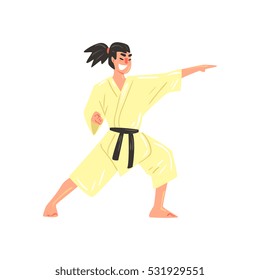Karate Professional Fighter In Kimono Kicking With Fist With Black Belt Cool Cartoon Character