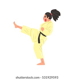 Karate Professional Fighter In Kimono Kicking With Leg With Black Belt Cool Cartoon Character