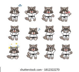 Karate raccoon characters showing various emotions. Karate raccoon emoticons, thinking, angry, surprised, dazed, crying, in love, sleeping and other expressions. Vector illustration bundle